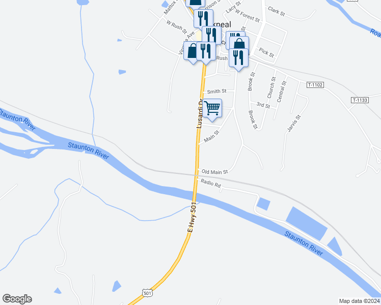 map of restaurants, bars, coffee shops, grocery stores, and more near 452 Lusardi Drive in Brookneal