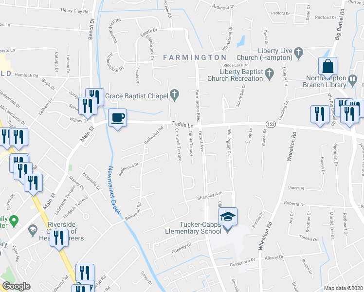 map of restaurants, bars, coffee shops, grocery stores, and more near 19 Cornwall Terrace in Hampton