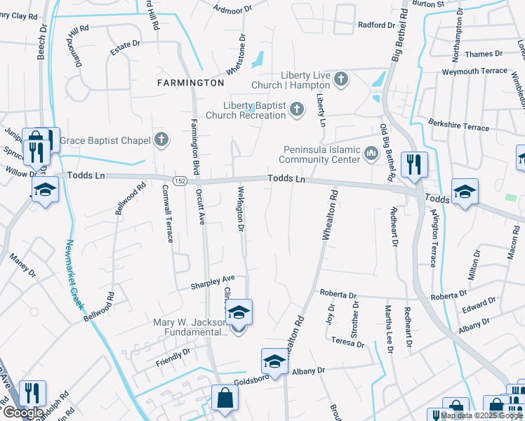 map of restaurants, bars, coffee shops, grocery stores, and more near 14 Lundy Lane in Hampton