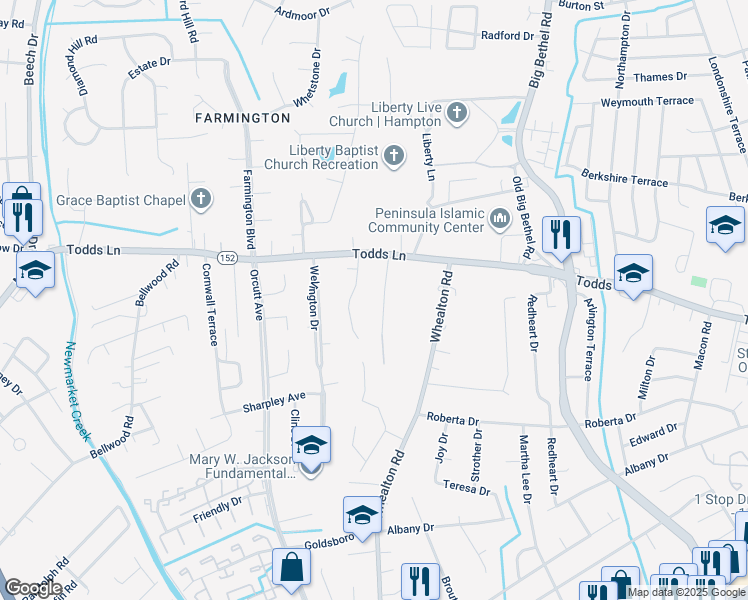 map of restaurants, bars, coffee shops, grocery stores, and more near 14 Warner Road in Hampton