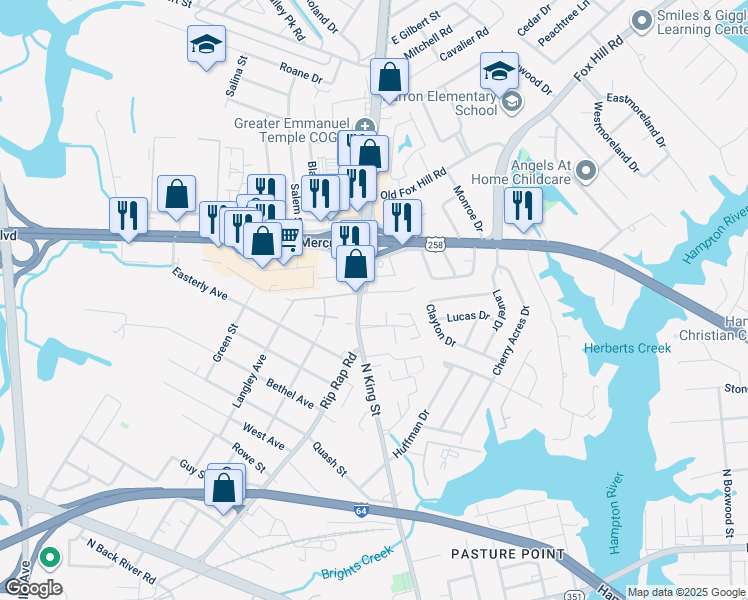 map of restaurants, bars, coffee shops, grocery stores, and more near 4 Plaza Drive in Hampton