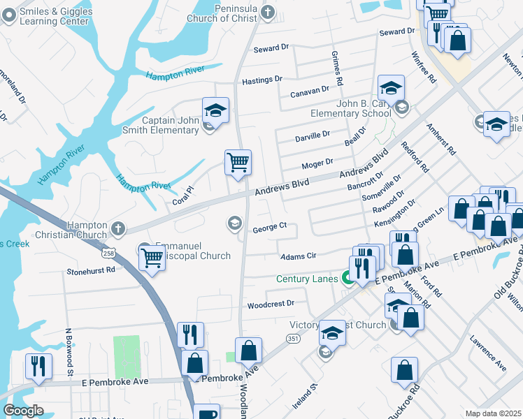 map of restaurants, bars, coffee shops, grocery stores, and more near 4 Samantha Court in Hampton