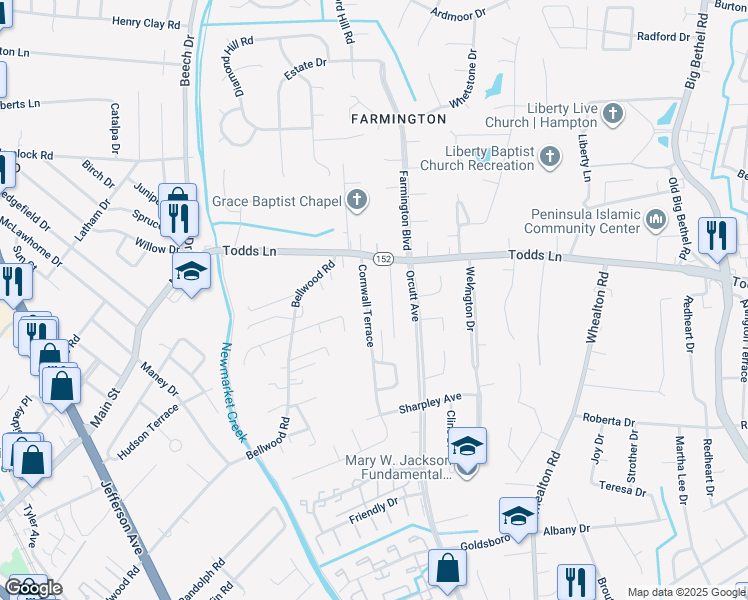 map of restaurants, bars, coffee shops, grocery stores, and more near 19 Cornwall Terrace in Hampton