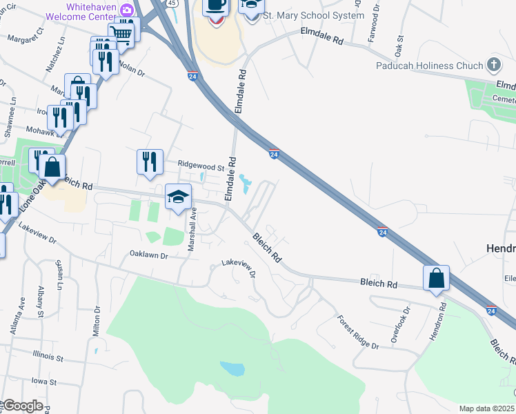 map of restaurants, bars, coffee shops, grocery stores, and more near Trailer Park Road in Paducah