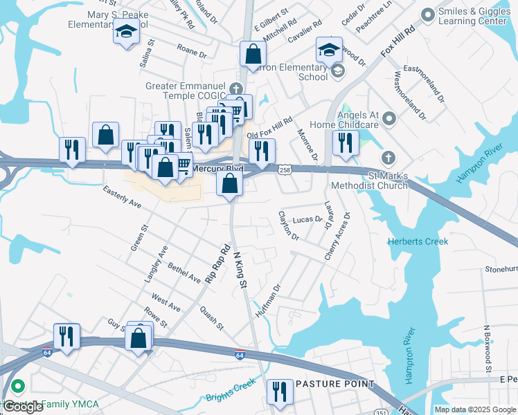 map of restaurants, bars, coffee shops, grocery stores, and more near 16 Plaza Drive in Hampton