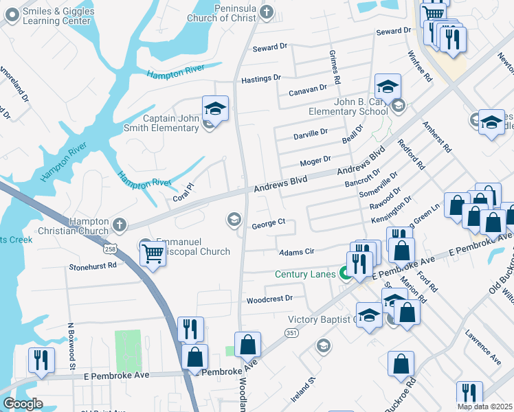 map of restaurants, bars, coffee shops, grocery stores, and more near 6 Samantha Court in Hampton