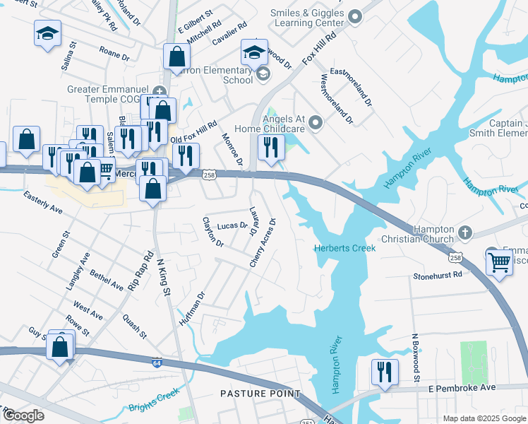 map of restaurants, bars, coffee shops, grocery stores, and more near 31 Laurel Drive in Hampton