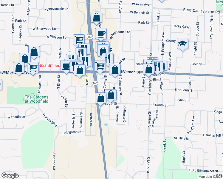 map of restaurants, bars, coffee shops, grocery stores, and more near 212 South Fort Street in Nixa