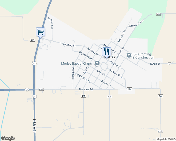 map of restaurants, bars, coffee shops, grocery stores, and more near 427 Flad Street in Oran