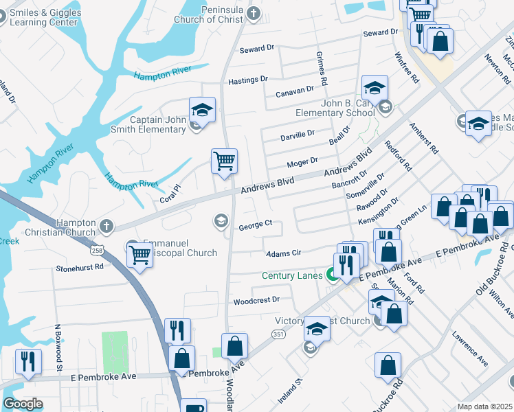 map of restaurants, bars, coffee shops, grocery stores, and more near 20 Miranda Court in Hampton