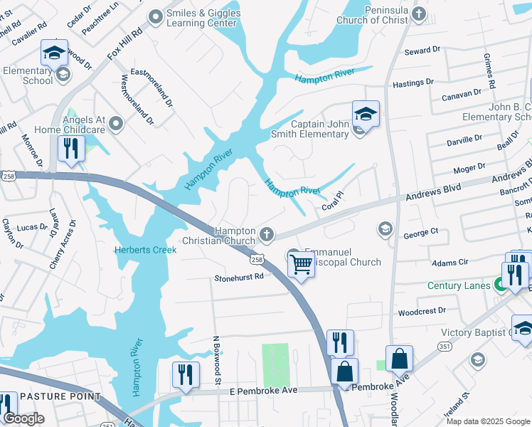 map of restaurants, bars, coffee shops, grocery stores, and more near 25 Kings Landing Lane in Hampton