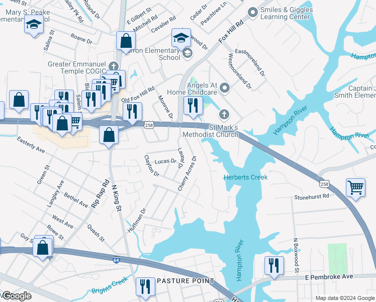 map of restaurants, bars, coffee shops, grocery stores, and more near 19 Cherry Acres Drive in Hampton