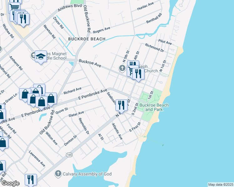 map of restaurants, bars, coffee shops, grocery stores, and more near 2410 East Pembroke Avenue in Hampton