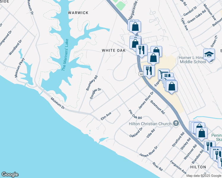 map of restaurants, bars, coffee shops, grocery stores, and more near 31 Cedar Lane in Newport News