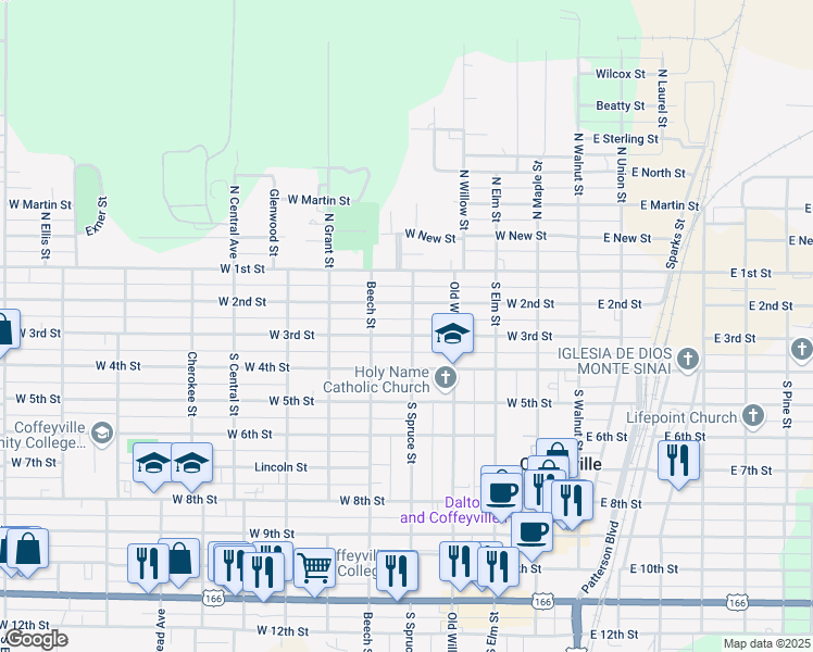 map of restaurants, bars, coffee shops, grocery stores, and more near 301-351 S Spruce St in Coffeyville