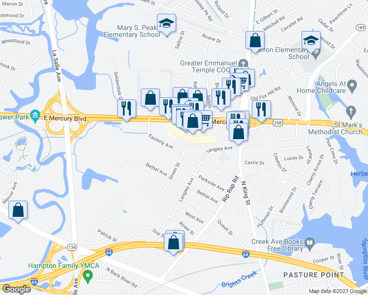 map of restaurants, bars, coffee shops, grocery stores, and more near 32 Green Street in Hampton