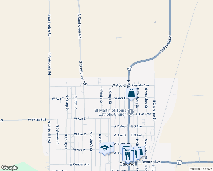 map of restaurants, bars, coffee shops, grocery stores, and more near 242 West Ave G in Caldwell