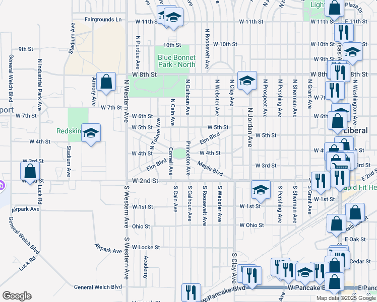 map of restaurants, bars, coffee shops, grocery stores, and more near 356 Princeton Avenue in Liberal