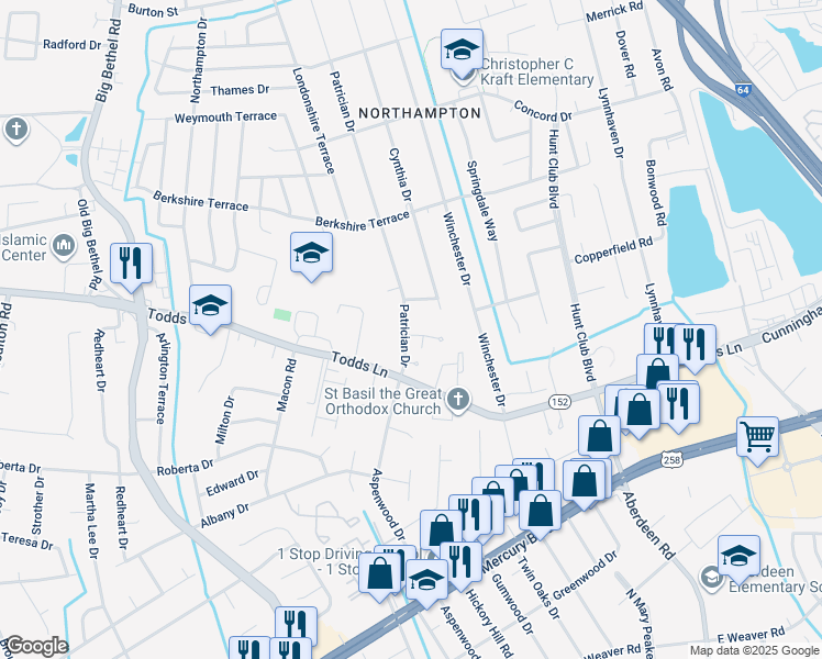 map of restaurants, bars, coffee shops, grocery stores, and more near 1 Dulcy Court in Hampton