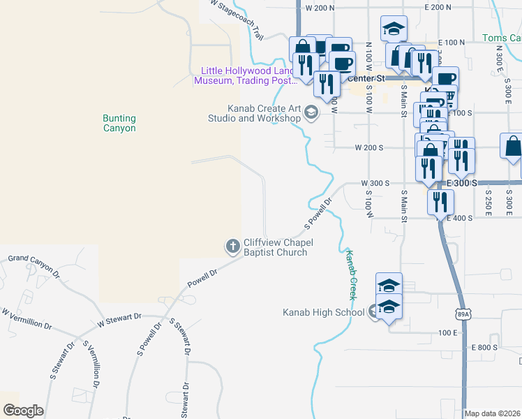 map of restaurants, bars, coffee shops, grocery stores, and more near in Kanab