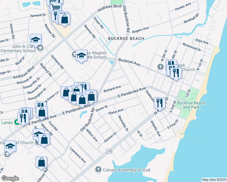 map of restaurants, bars, coffee shops, grocery stores, and more near 2023 East Pembroke Avenue in Hampton