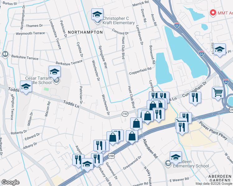 map of restaurants, bars, coffee shops, grocery stores, and more near 10 Aidan Court in Hampton