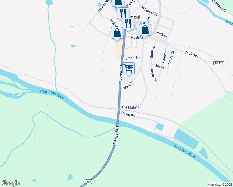 map of restaurants, bars, coffee shops, grocery stores, and more near 452 Lusardi Drive in Brookneal