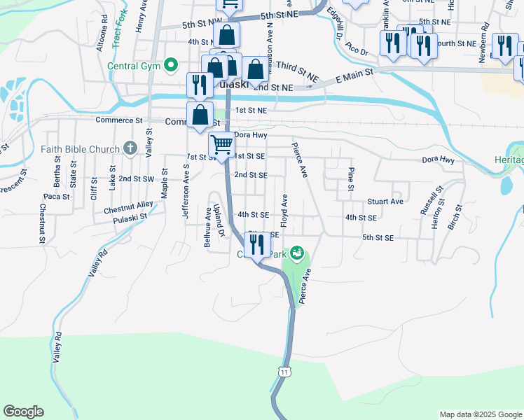 map of restaurants, bars, coffee shops, grocery stores, and more near 401 Madison Ave S in Pulaski