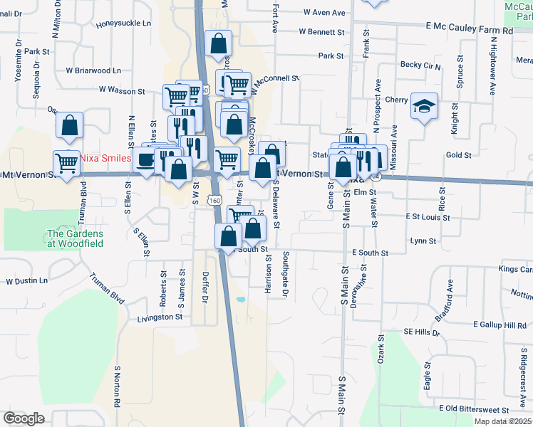 map of restaurants, bars, coffee shops, grocery stores, and more near 212 South Fort Street in Nixa