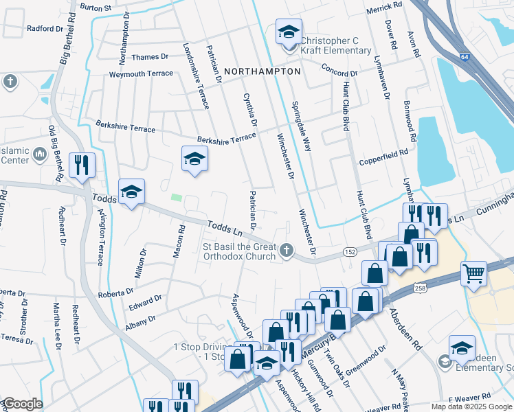 map of restaurants, bars, coffee shops, grocery stores, and more near 1 Dulcy Court in Hampton