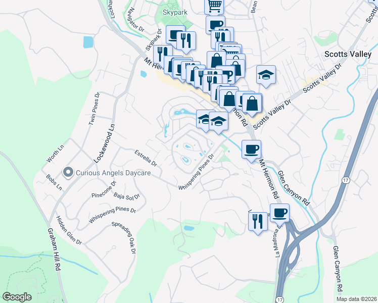 map of restaurants, bars, coffee shops, grocery stores, and more near 116 Whispering Pines Court in Scotts Valley