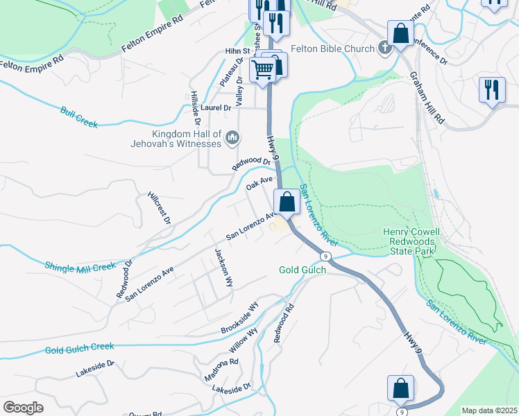 map of restaurants, bars, coffee shops, grocery stores, and more near 5538 Lincoln Way in Felton