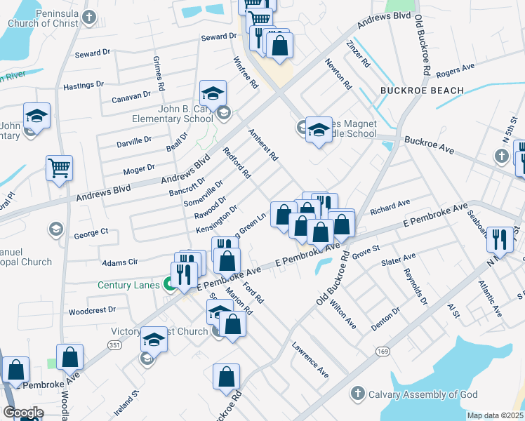 map of restaurants, bars, coffee shops, grocery stores, and more near 1949 Long Green Lane in Hampton