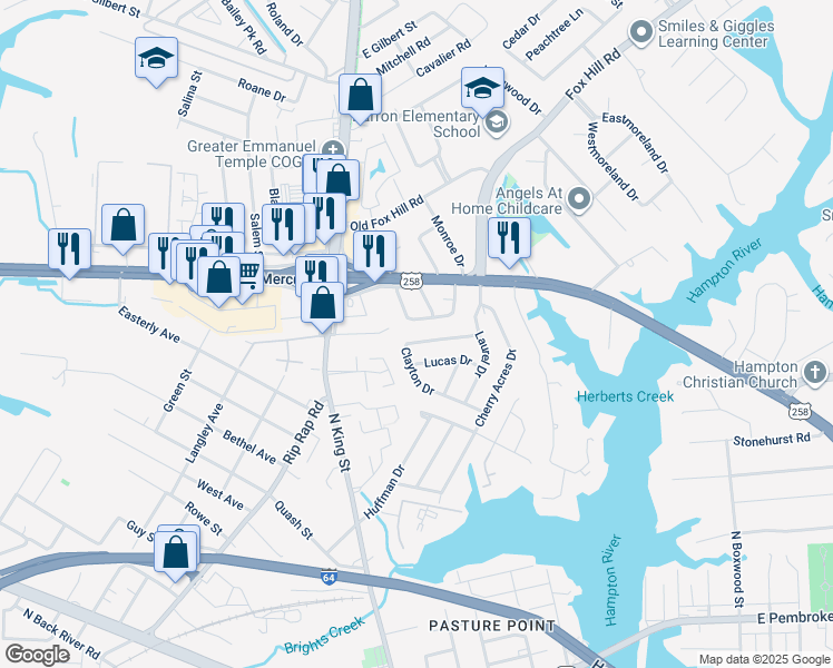 map of restaurants, bars, coffee shops, grocery stores, and more near 13 Crestwood Circle in Hampton