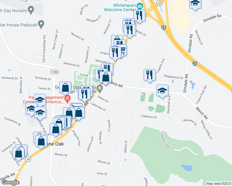 map of restaurants, bars, coffee shops, grocery stores, and more near 156 Bleich Road in Paducah