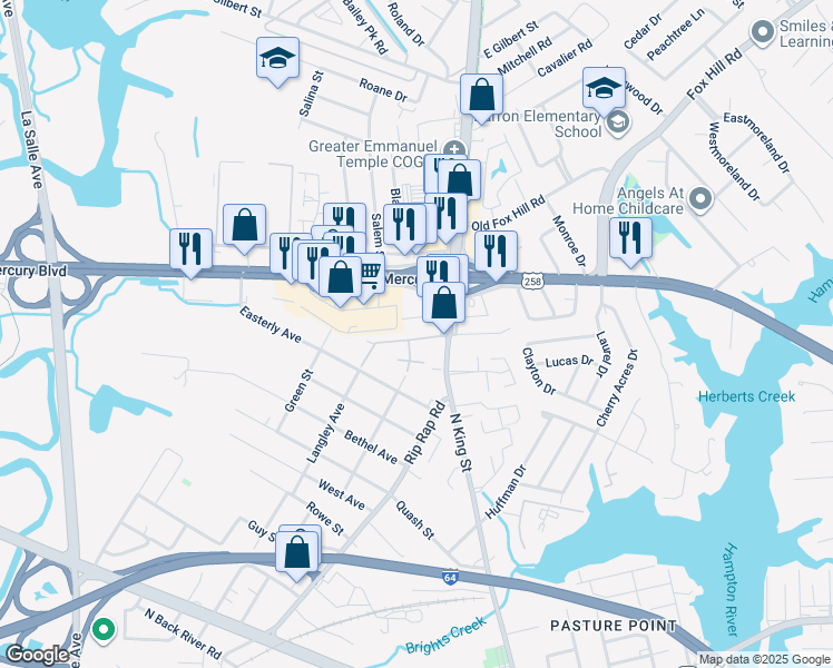 map of restaurants, bars, coffee shops, grocery stores, and more near 26 Langley Avenue in Hampton