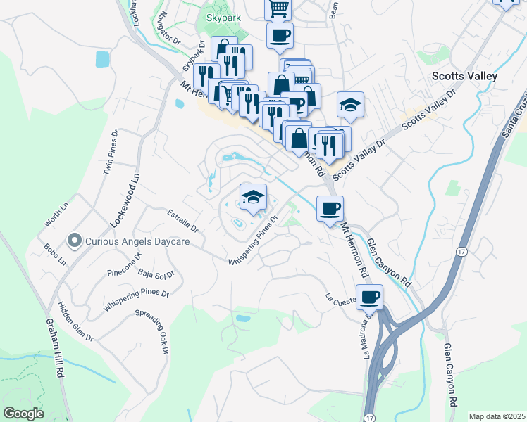 map of restaurants, bars, coffee shops, grocery stores, and more near 444 Whispering Pines Drive in Scotts Valley