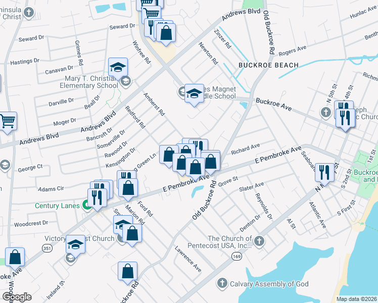 map of restaurants, bars, coffee shops, grocery stores, and more near 1761 Newton Road in Hampton
