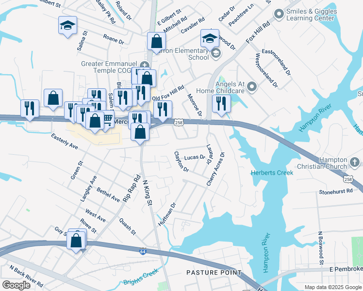 map of restaurants, bars, coffee shops, grocery stores, and more near 13 Crestwood Circle in Hampton