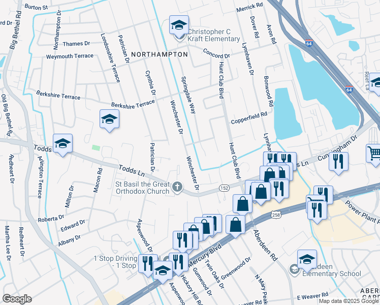 map of restaurants, bars, coffee shops, grocery stores, and more near 124 Winchester Drive in Hampton