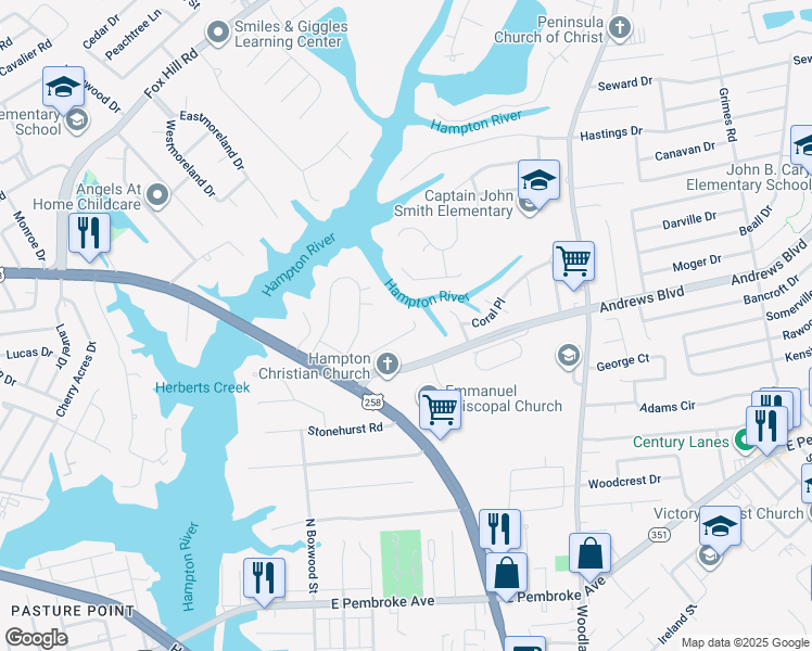 map of restaurants, bars, coffee shops, grocery stores, and more near 31 Kings Landing Lane in Hampton