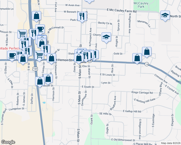 map of restaurants, bars, coffee shops, grocery stores, and more near 200-204 Elm Street in Nixa