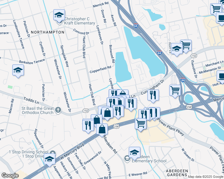 map of restaurants, bars, coffee shops, grocery stores, and more near 31 Lynnhaven Drive in Hampton