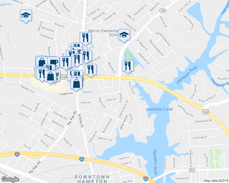 map of restaurants, bars, coffee shops, grocery stores, and more near 7 Clayton Drive in Hampton