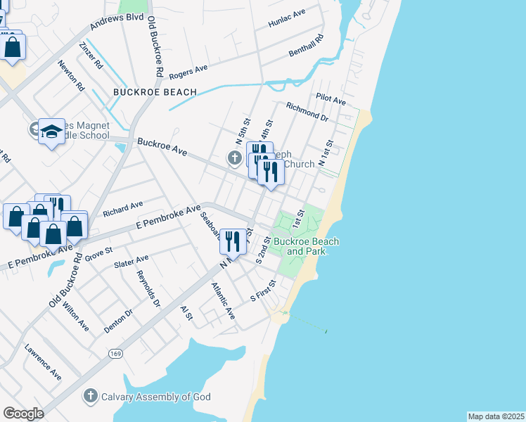 map of restaurants, bars, coffee shops, grocery stores, and more near 1904 North Mallory Street in Hampton