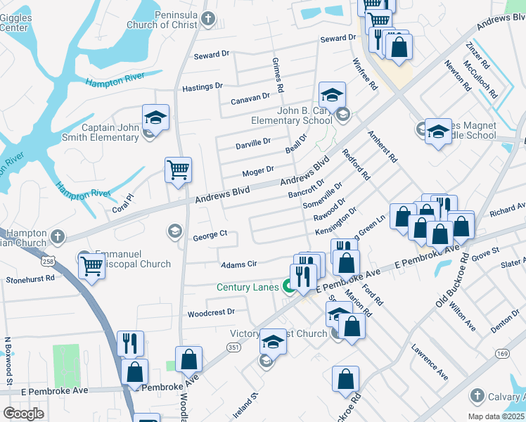 map of restaurants, bars, coffee shops, grocery stores, and more near 1809 Somerville Drive in Hampton