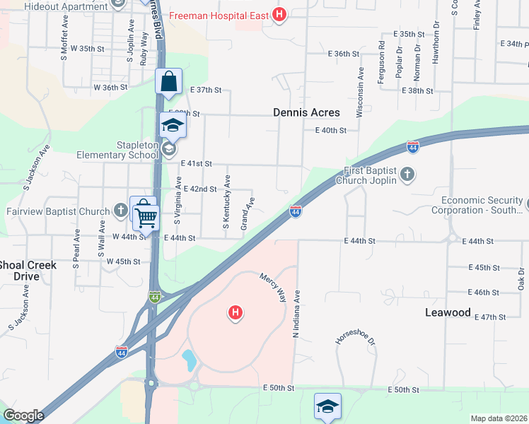 map of restaurants, bars, coffee shops, grocery stores, and more near 599 Stone Ridge Road in Joplin