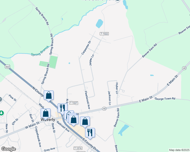 map of restaurants, bars, coffee shops, grocery stores, and more near 311 Jasper Lane in Waverly