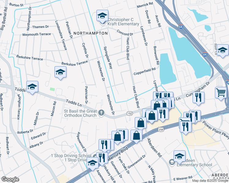 map of restaurants, bars, coffee shops, grocery stores, and more near 111 Benjamin Terrace in Hampton