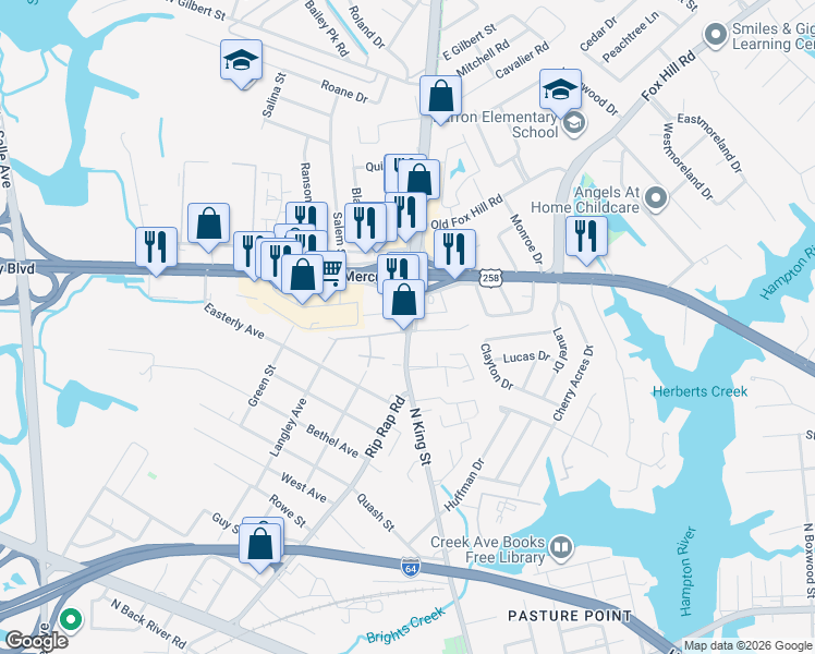 map of restaurants, bars, coffee shops, grocery stores, and more near 1021 North King Street in Hampton